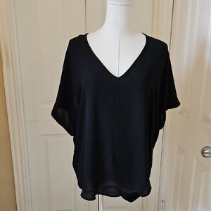 Lush Sheer Chiffon Short Cuff Sleeve Black V-Neck Tunic Top Blouse Size Small